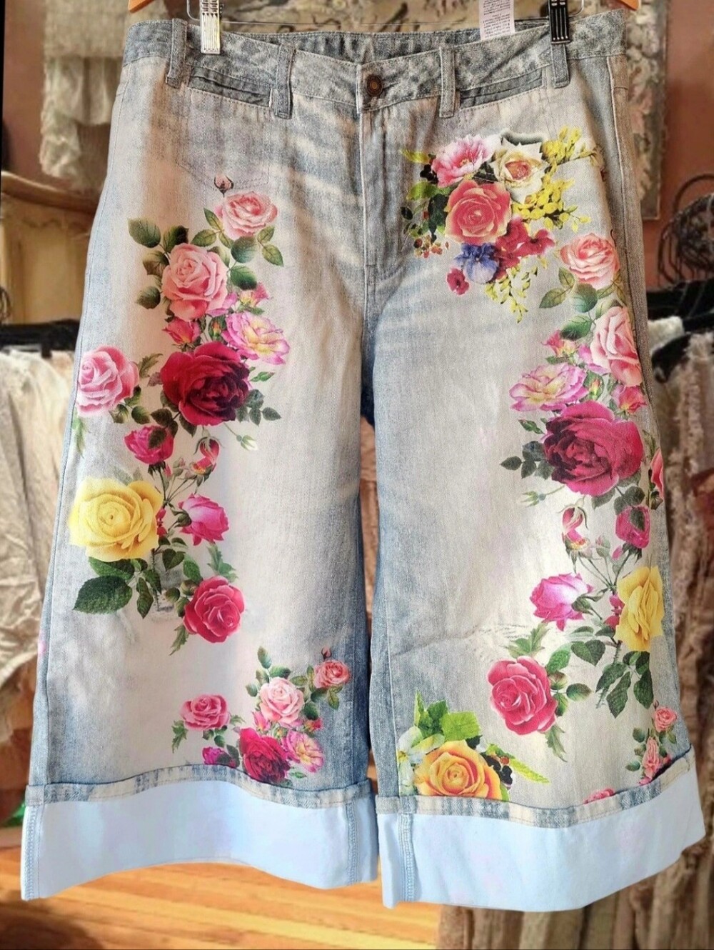 Magnolia Look Free Style Floral Boho Wide-Leg Jeans Light Blue Pants Sz L-12 NEW